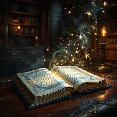 The primary subject of the image is an open book with a magical, fairy tale-like scene. The book is placed on a wooden table, and it appears to be a vintage, old-fashioned book. The setting is a room with a bookshelf filled with various books, creating a cozy and intellectual atmosphere. The visual style of the image is a combination of photo and digital art, giving it a unique and enchanting appearance. The colors and mood of the image are predominantly warm and inviting, with the magical scene and the old-fashioned book evoking a sense of wonder and imagination.